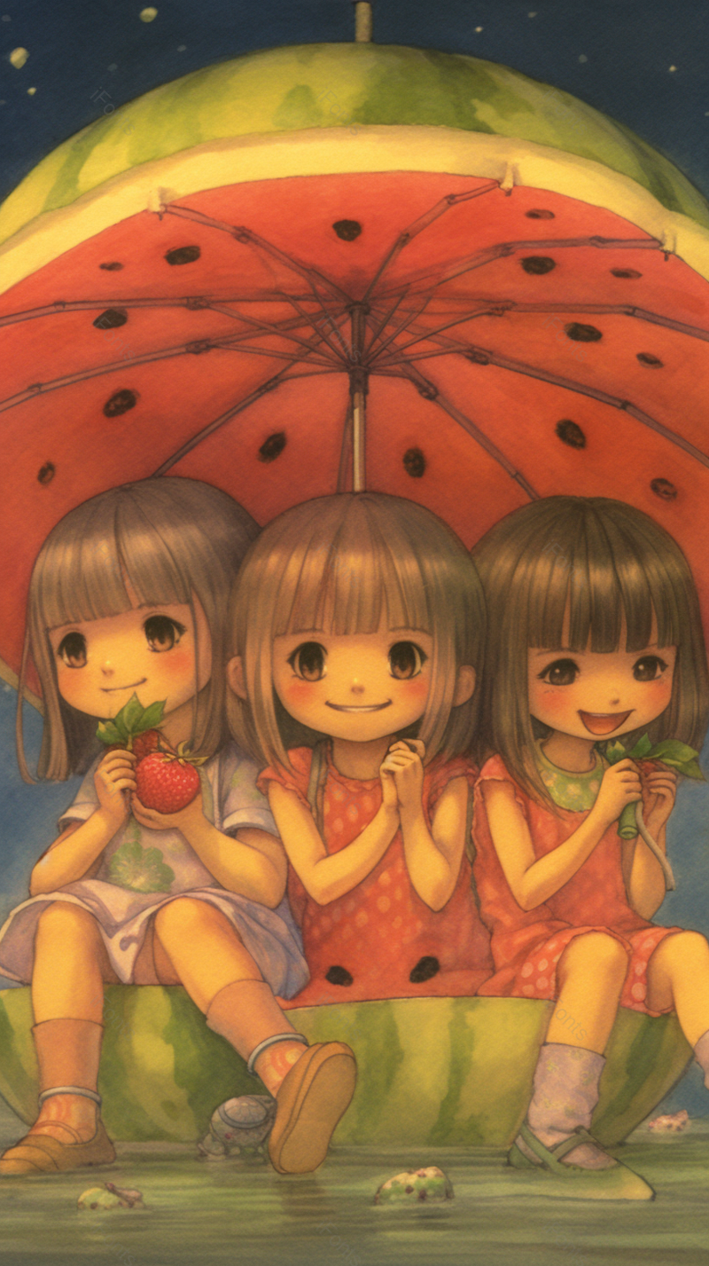 红色三位可爱的小女孩打着西瓜雨伞,插画/手绘图,插画/手绘图库,插画/手绘图下载,插画/手绘